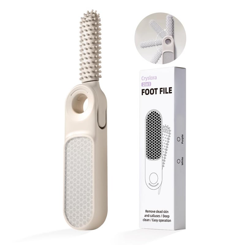 Cryslora 2 in 1 Foot File Callus Remover, Foot Scrubber, Multi Purpose 2 in 1 Feet Pedicure Tool with Toe Cleaning Brush, for Home Foot Care (White)